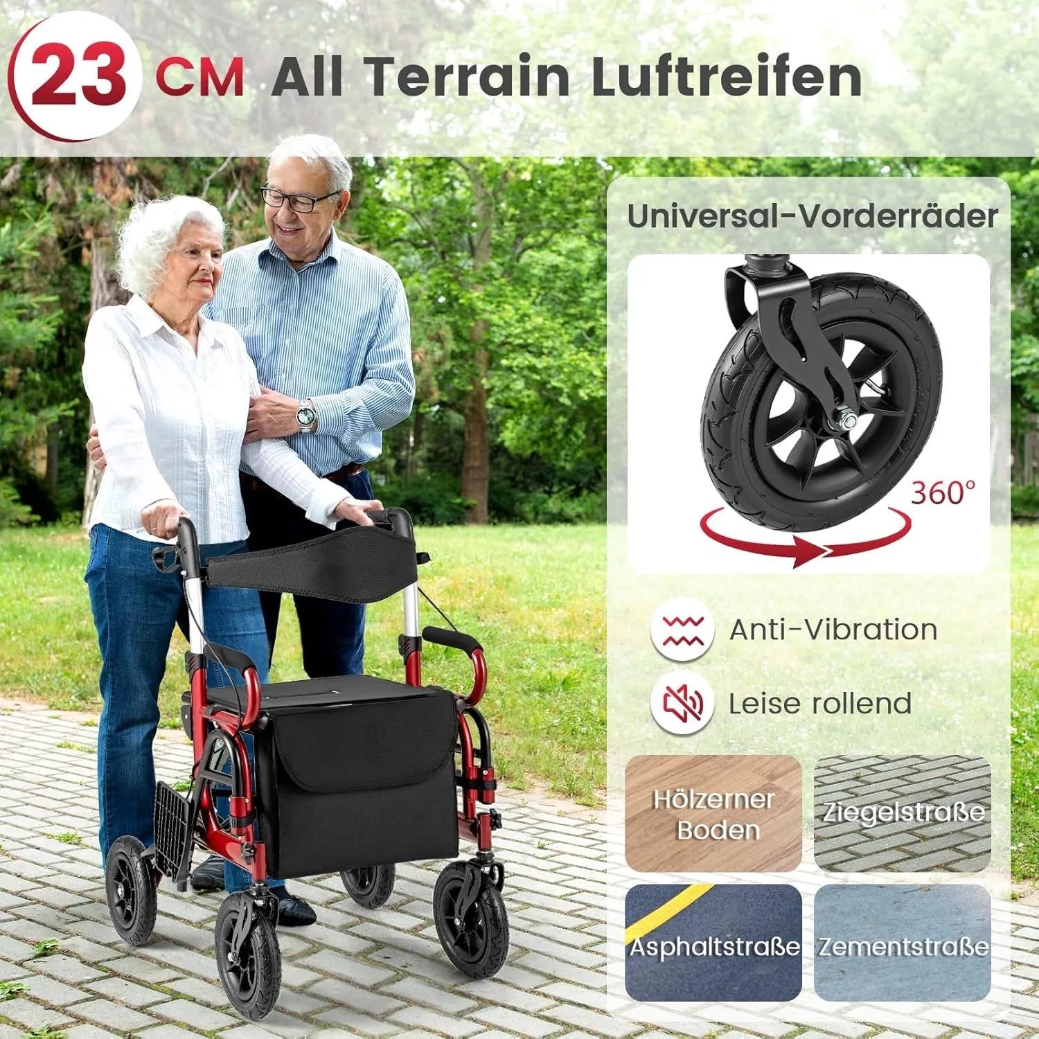 Roter Costway Rollator-Rollstuhl 2-in-1 mit Luftbereifung, von Senioren im Park genutzt. Mobilitätshilfe.