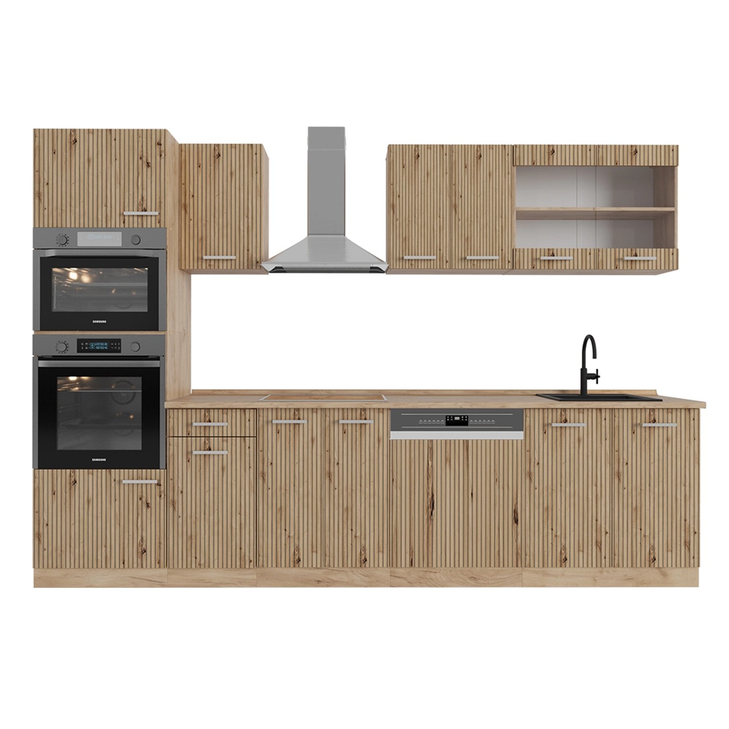 Vicco R-Line Küchenzeile Artisan-Eiche/Goldkraft Eiche 300 cm mit Hochschra günstig online kaufen