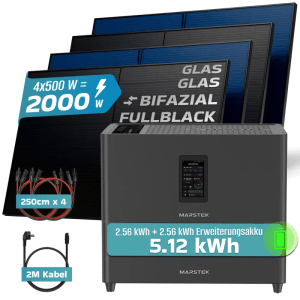 SUNNIVA Balkonkraftwerk 2000W mit Solarspeicher, 4 Solarmodule, Wechselrichter und Kabel.