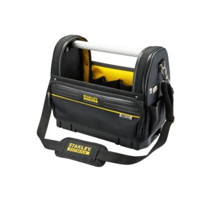 Schwarze STANLEY FATMAX PRO-STACK Werkzeugtrage aus Nylon mit gelben Akzenten, Aluminiumgriff und Schultergurt.