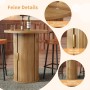 Runder Bartisch in Holzoptik mit Lamellen-Design, Schiebetür-Stauraum und goldenen Griffen. Dazu 2 Barhocker mit Polstersitz. Essgruppen-Set.