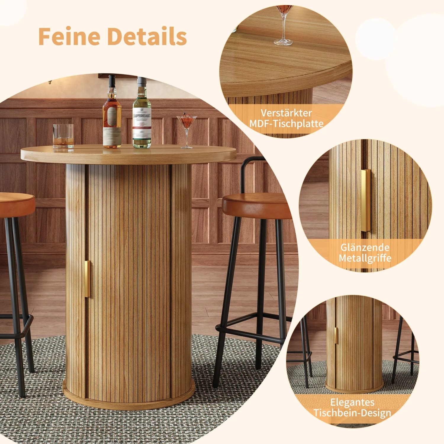 Runder Bartisch in Holzoptik mit Lamellen-Design, Schiebetür-Stauraum und goldenen Griffen. Dazu 2 Barhocker mit Polstersitz. Essgruppen-Set.