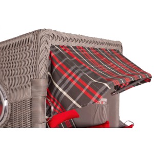 Detailansicht Strandkorb Rantum Mahagoni Washed Grey mit kariertem Dessin und PE Koboo Grey Geflecht.