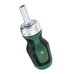 Kompakter Bosch Bit-Ratschenschraubendreher Stubby mit 6 Bits und grün-schwarzem Griff.