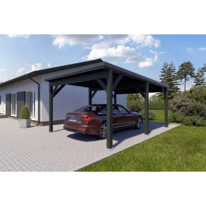 Holzbrüder Carport Ralf, chromoxidgrün, mit Blechdach und Auto. Einzelcarport für PKW im Garten.