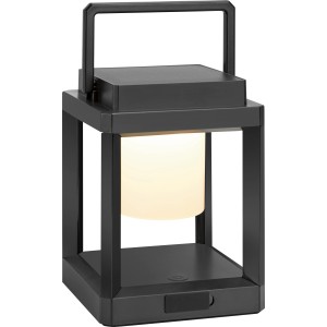 Eckige Solar-LED-Laterne in Schwarz, 13,5x13,5x18cm mit Tragebügel. Dekorative Gartenleuchte.