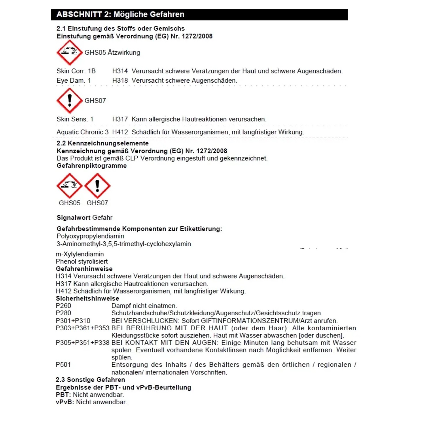 Gefahrstoffkennzeichnung: Ätzwirkung, Reizwirkung, Gesundheitsgefahren, Umweltschädlich.