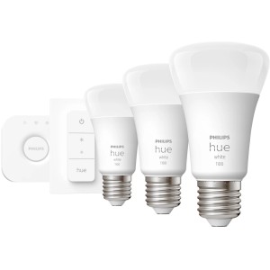 Philips Hue Starter-Set mit 3 E27 Leuchtmitteln, Dimmschalter und Bridge für smarte Beleuchtung.
