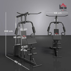 HOMCOM Kraftstation aus Stahl und Kunstleder, schwarz, mit Maßangaben. Ideal für Ihr Ganzkörper-Workout.
