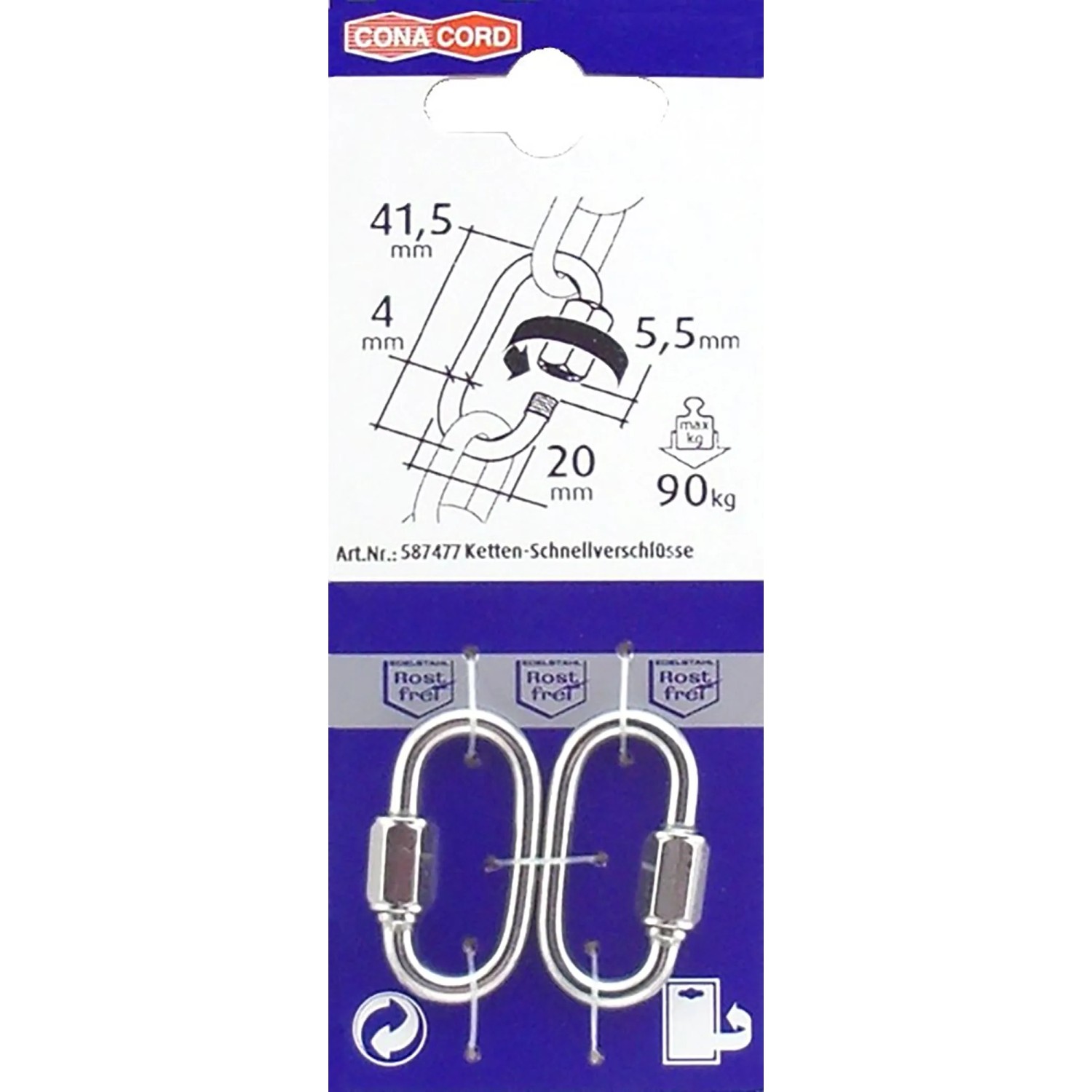 Conacord Ketten-Schnellverschlüsse, V4A Stahl, 4 mm Durchmesser, 41,5 mm Länge.