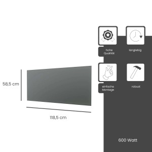 Fenix Infrarotheizung ECOSUN Glasheizung, 600W, Graphite, mit Maßangaben und Icons zu Produkteigenschaften.