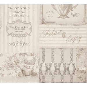 A.S. Création Vliestapete Küche Grau/Weiß mit Teetassen-Motiv.