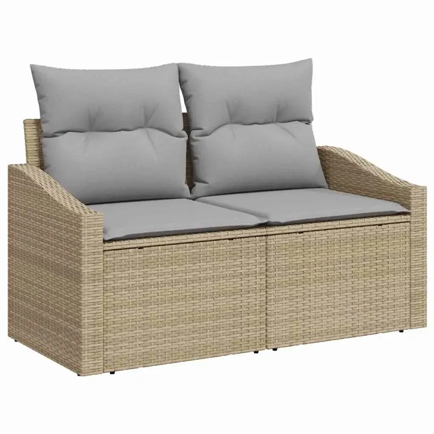 Beiges vidaXL Garten-Sofa-Set aus Rattan mit grauen Kissen für den Außenbereich.
