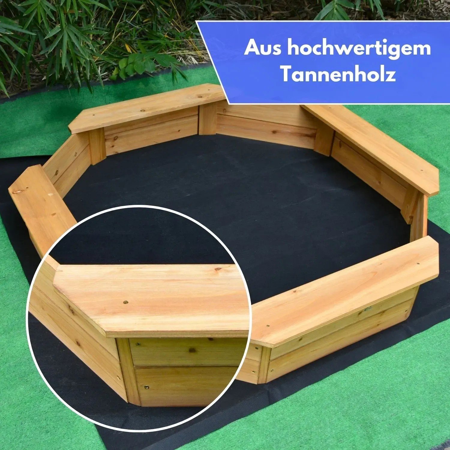 Coemo 6-Eck Sandkasten Sally aus Holz mit Bodenplane, 135x135x20 cm. Gartenmöbel für Kinder.