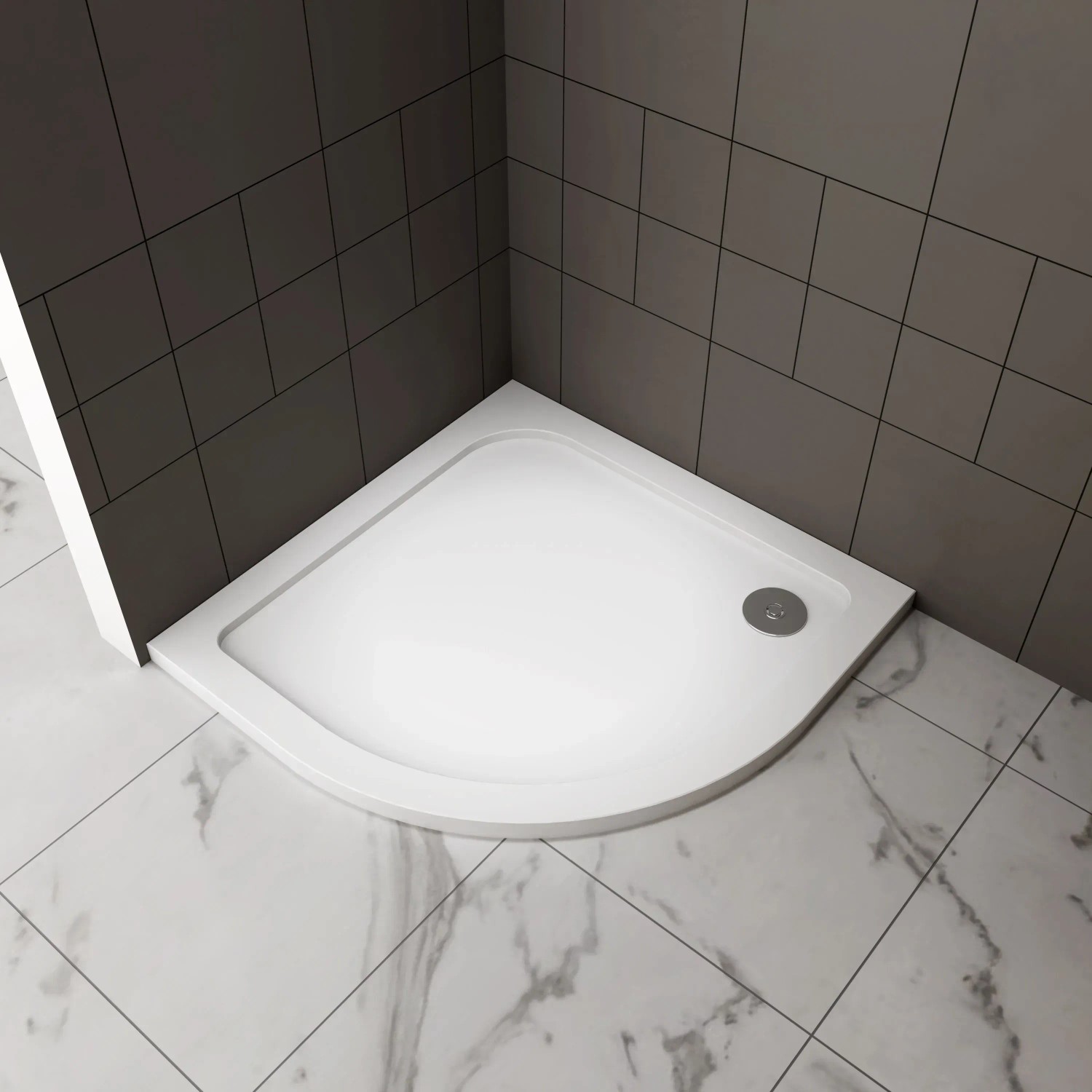 Weiße AICA Viertelkreis Duschtasse 90x90 cm aus Kunststein mit Ablaufgarnitur.