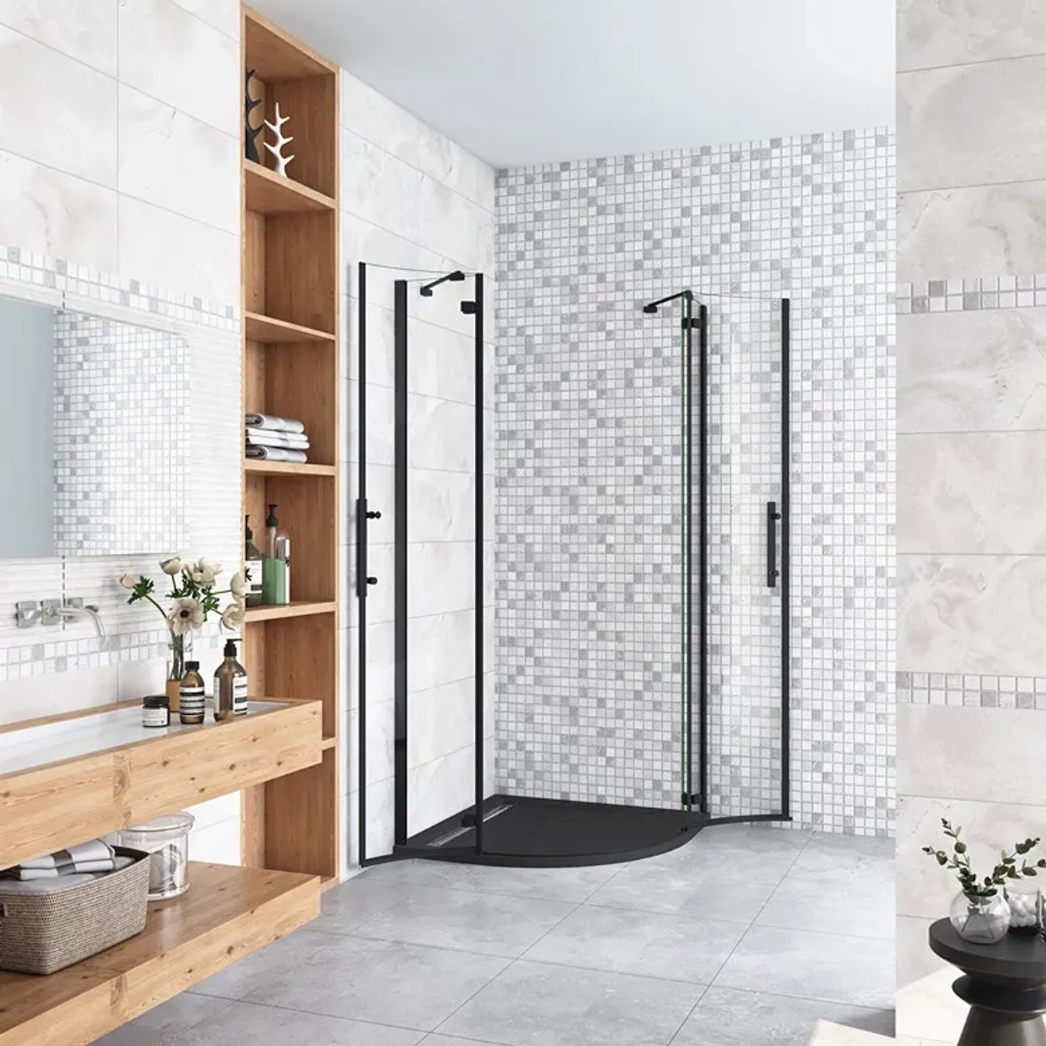 Runddusche 90x90 cm mit schwarzem Rahmen und Klarglas in Badezimmer-Szene.
