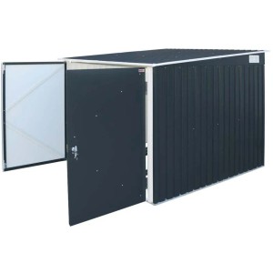 Duramax Fahrradgarage 2x2m aus Metall, grau, mit geöffneten Doppeltüren.