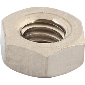 Nahaufnahme einer LUX Sechskantmutter M5 aus Edelstahl, geeignet für den Außenbereich.