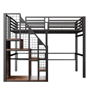 Schwarzes Metall-Hochbett 90x200cm mit integrierter Leiter, Holzablagen und viel Platz darunter.