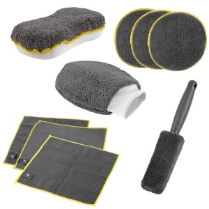 STAHLWERK Autopflege-Set, 9-teilig, grau/gelb. Mikrofaser-Schwamm, Waschhandschuh, Tücher, Pads, Felgenbürste für Auto.