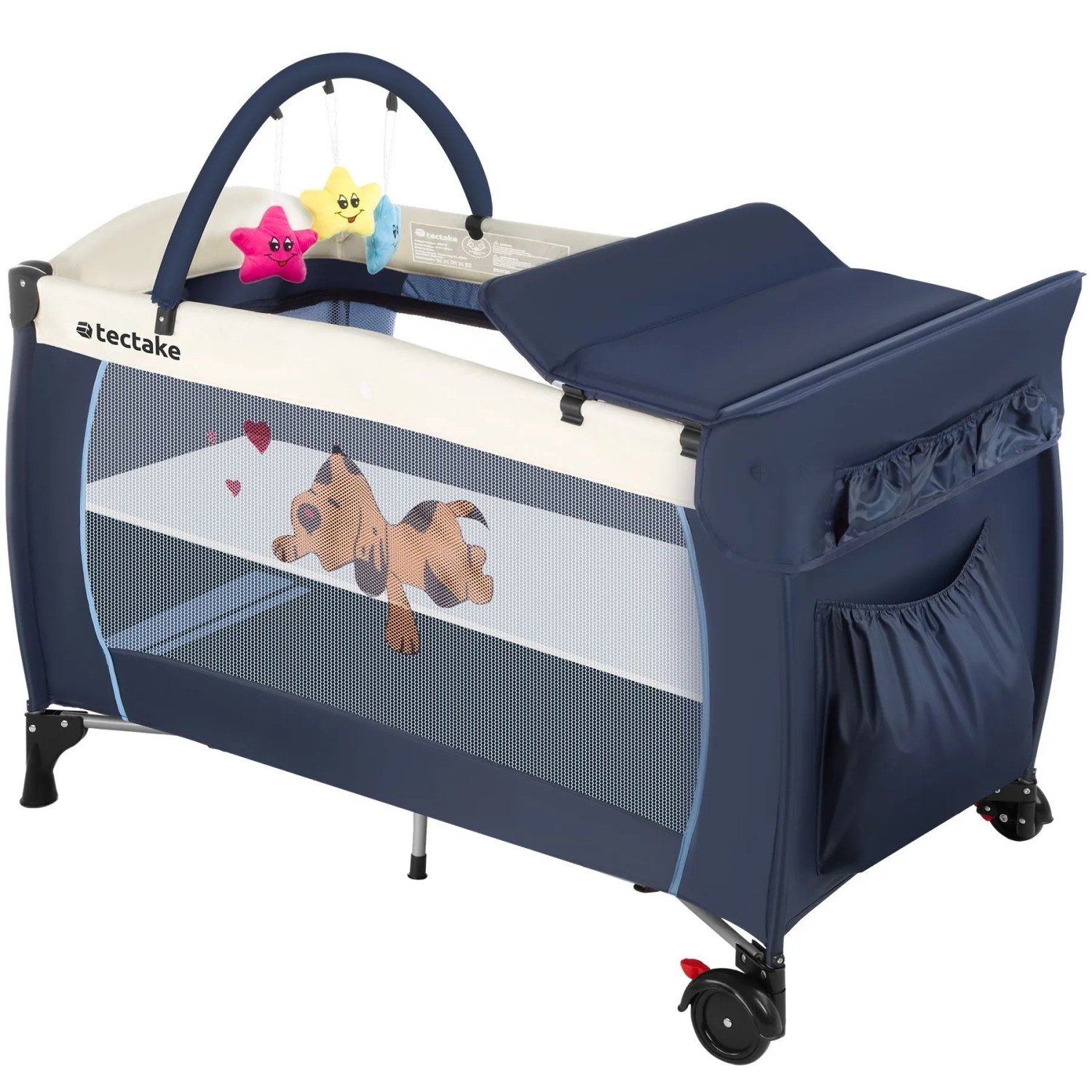 Tectake Kinder Reisebett Hund Klappbar und Höhenverstellbar Mit Großen Mesh Einsätzen  Wickelauflage und Seiteneingang  132 x 75 x 104 cm Blau