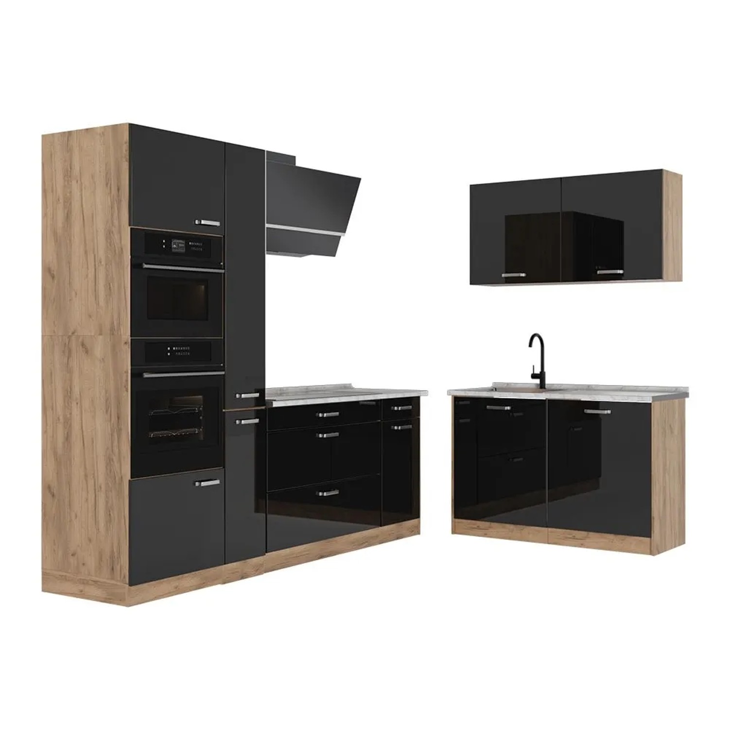 Vicco Eckküche R-Line Schwarz Hochglanz/Goldkraft Eiche 230 x 207 Arbeitsplatte Marmor Art Nr 66731