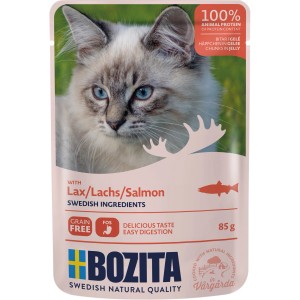 Bozita Katzen-Nassfutter Lachs in Gelee, 85g Packung mit Katzenbild.