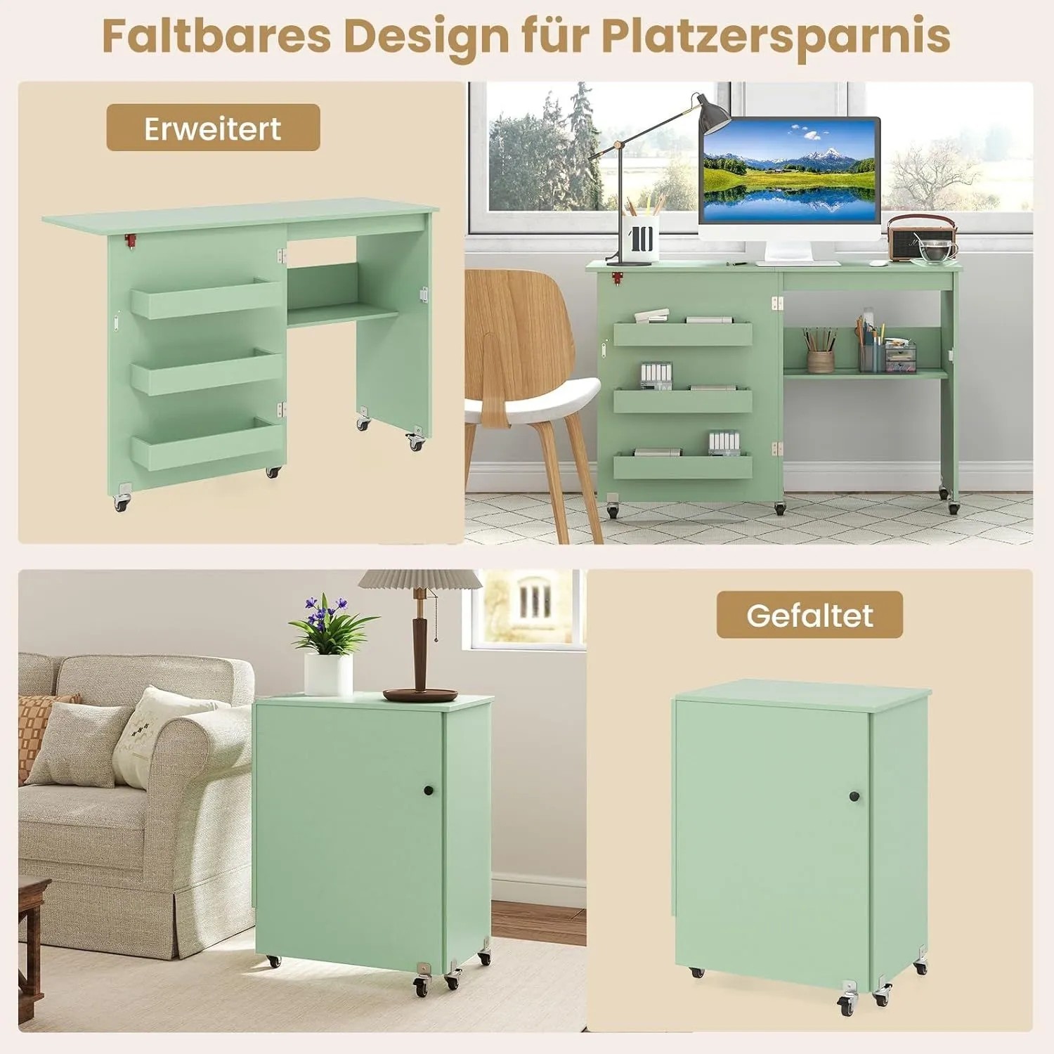 Grüner klappbarer Nähtisch, als Schreibtisch und kompakter Schrank auf Rollen gezeigt. Mit Ablagen.
