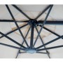 Unterseite eines geöffneten Ampelschirms mit cremefarbenem Bezug und robustem, dunkelgrauem Aluminiumgestell.