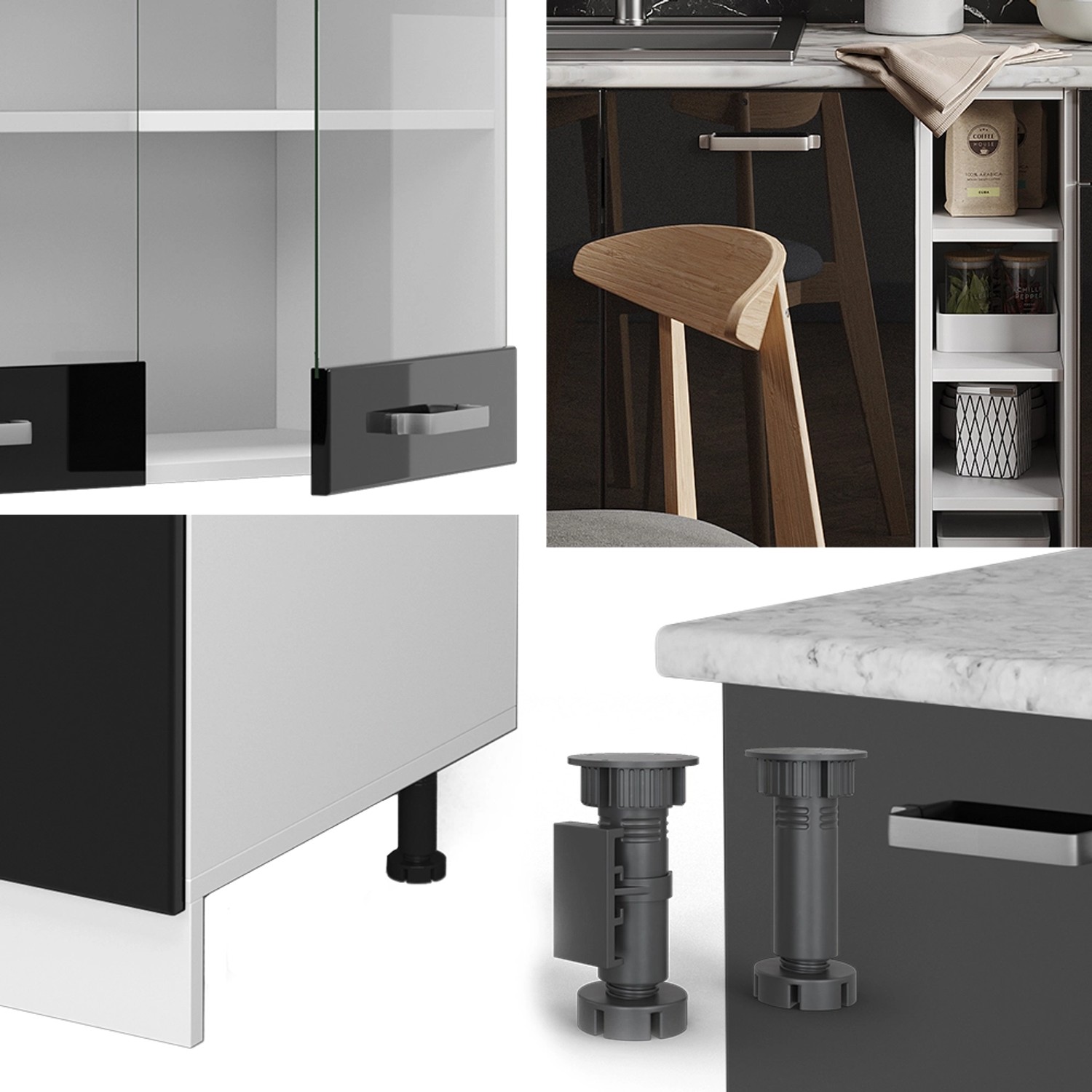 Vicco R-Line Miniküche, 160 cm, schwarz/weiß, ohne Arbeitsplatte, Details von Schränken und Füßen.