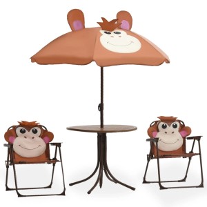 3-tlg. Garten-Bistro-Set für Kinder mit Affen-Motiv: Tisch, 2 Stühle und Sonnenschirm in Braun.
