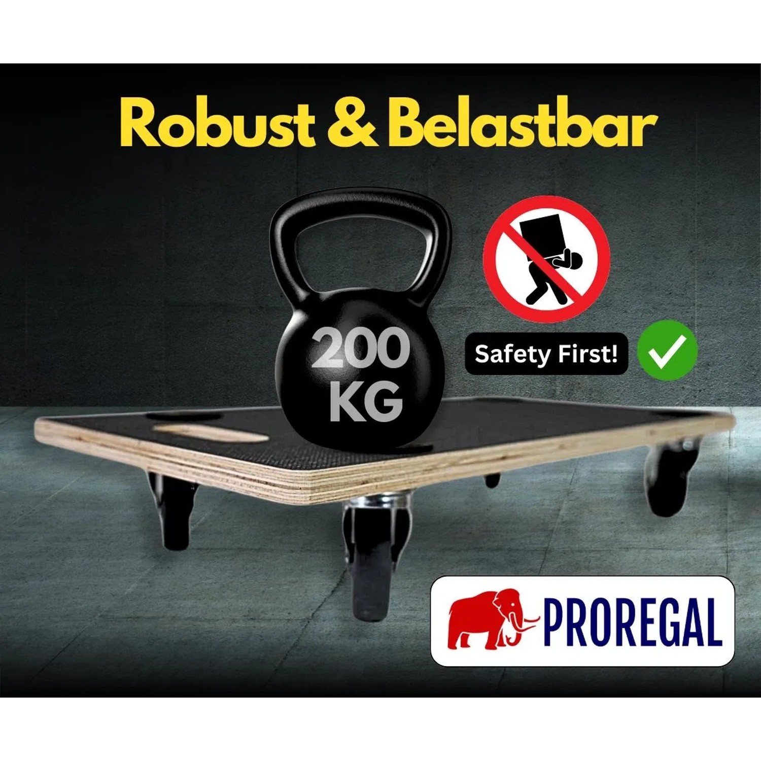 PROREGAL Transportroller mit 4 Rollen, Traglast 200 kg, Siebdruck Holzplatte, Schwarz.