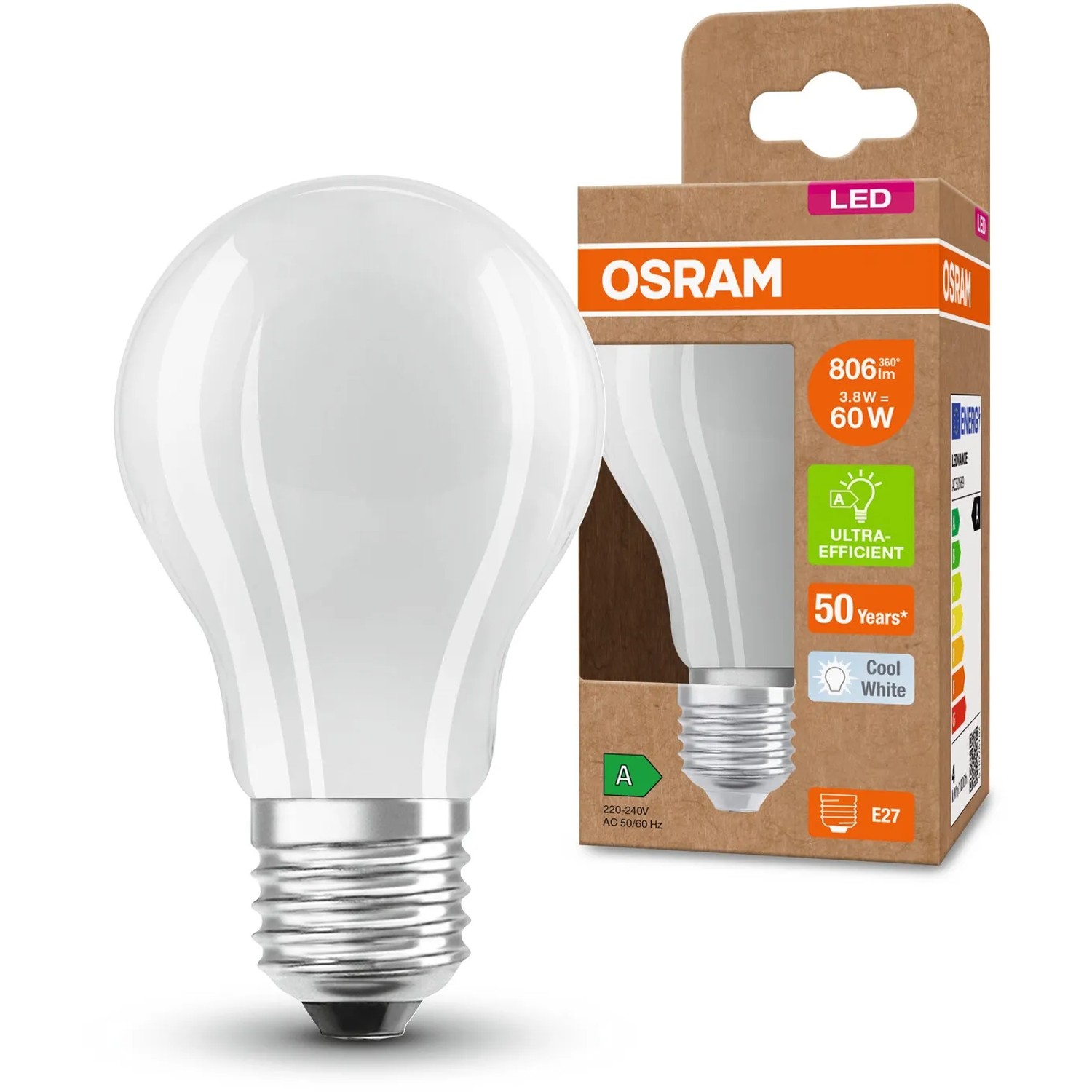 Osram LED-Leuchtmittel E27, Glühlampenform, 3,8W, kaltweiß, matt.