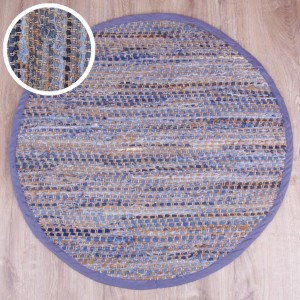 Runder Jeans Flickenteppich „Bone“ (Ø 150cm) in Blau- und Beigetönen.