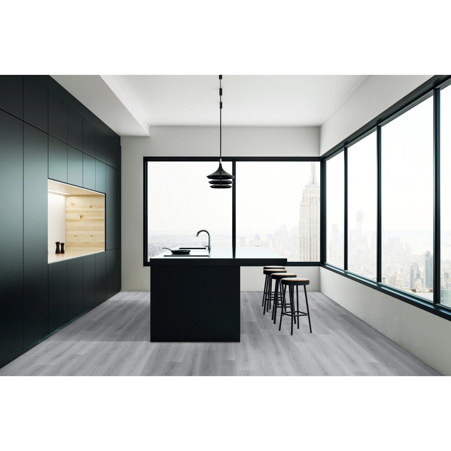 Moderne Küche mit Click-Vinylboden Kellerwald Eiche in Grau. Feuchtraumgeeignet und robust.