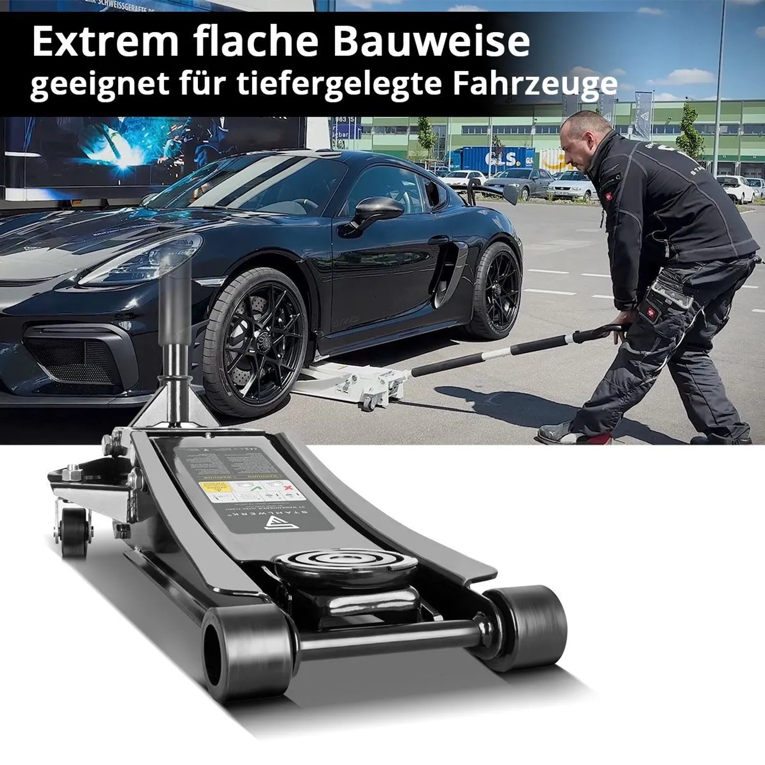 STAHLWERK Wagenheber WHB 73 ST mit 3t Tragkraft und Gummirädern zum Anheben von Fahrzeugen.