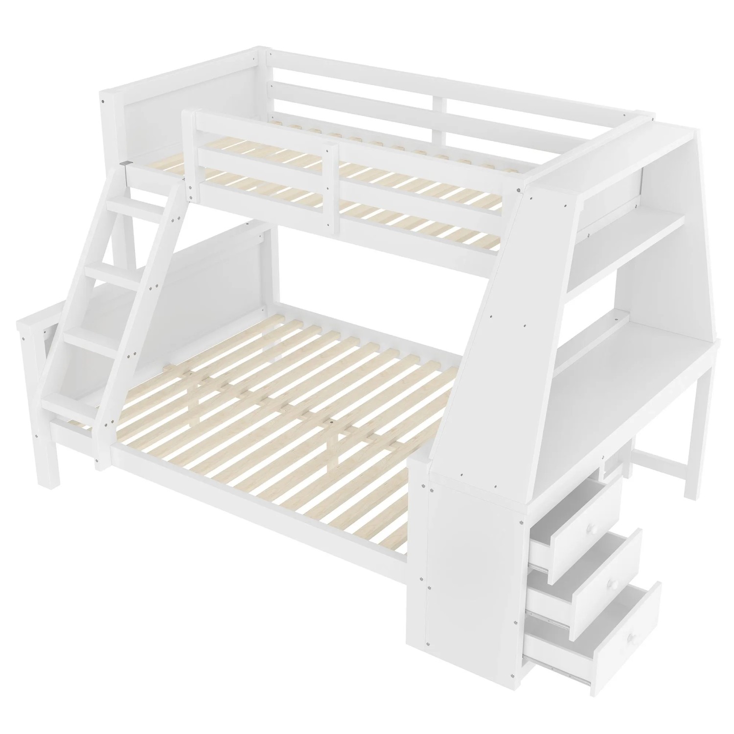 KOMHTOM Etagenbett 90x200Cm+140x200Cm  Kinderbett  Ausgestattet Mit Tisch  Großer Stauraum  Hohes Geländer Leiterposition Optional  Weiß