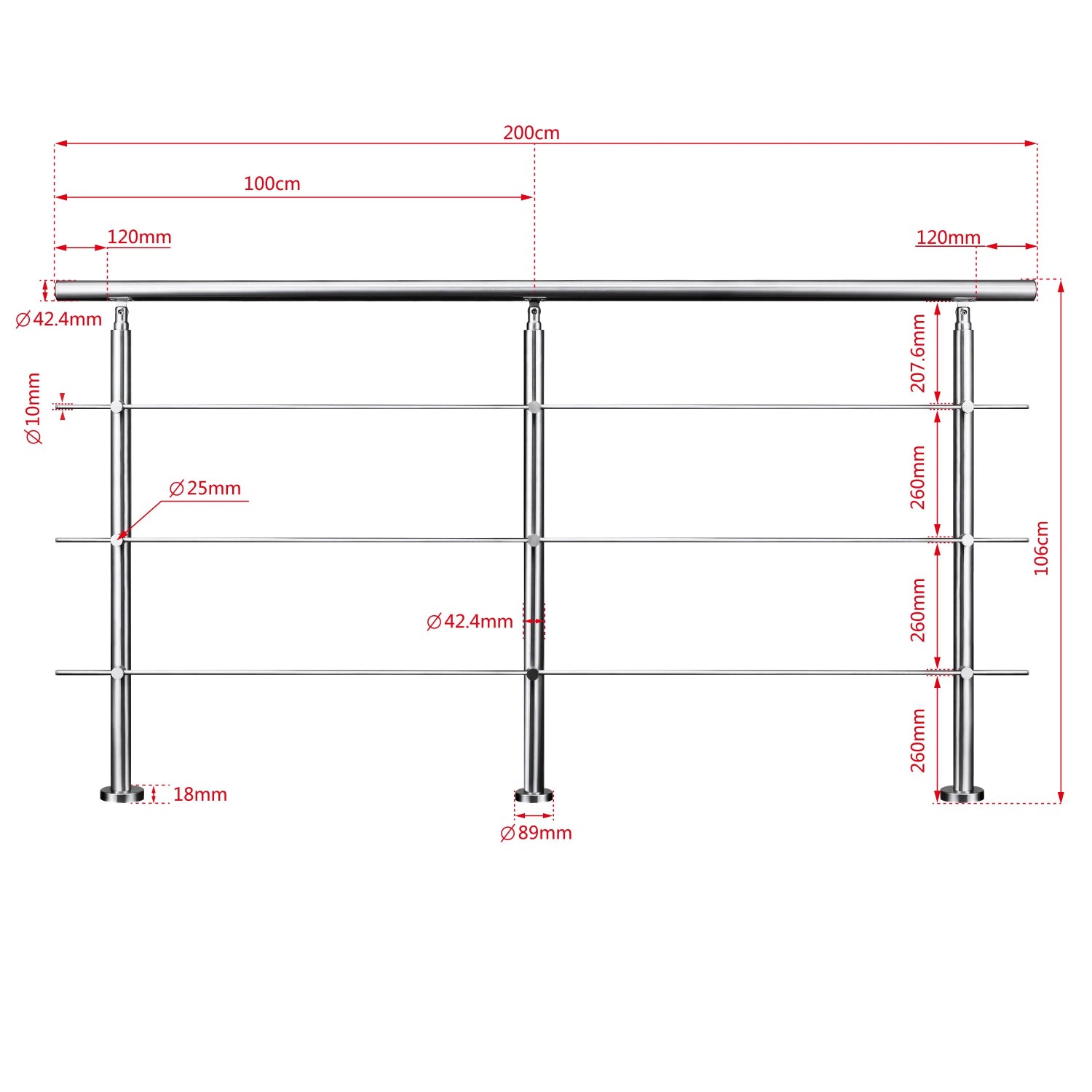 Edelstahl-Treppengeländer, 200 cm, für Innen und Außen, mit 3 Querstäben, Maße