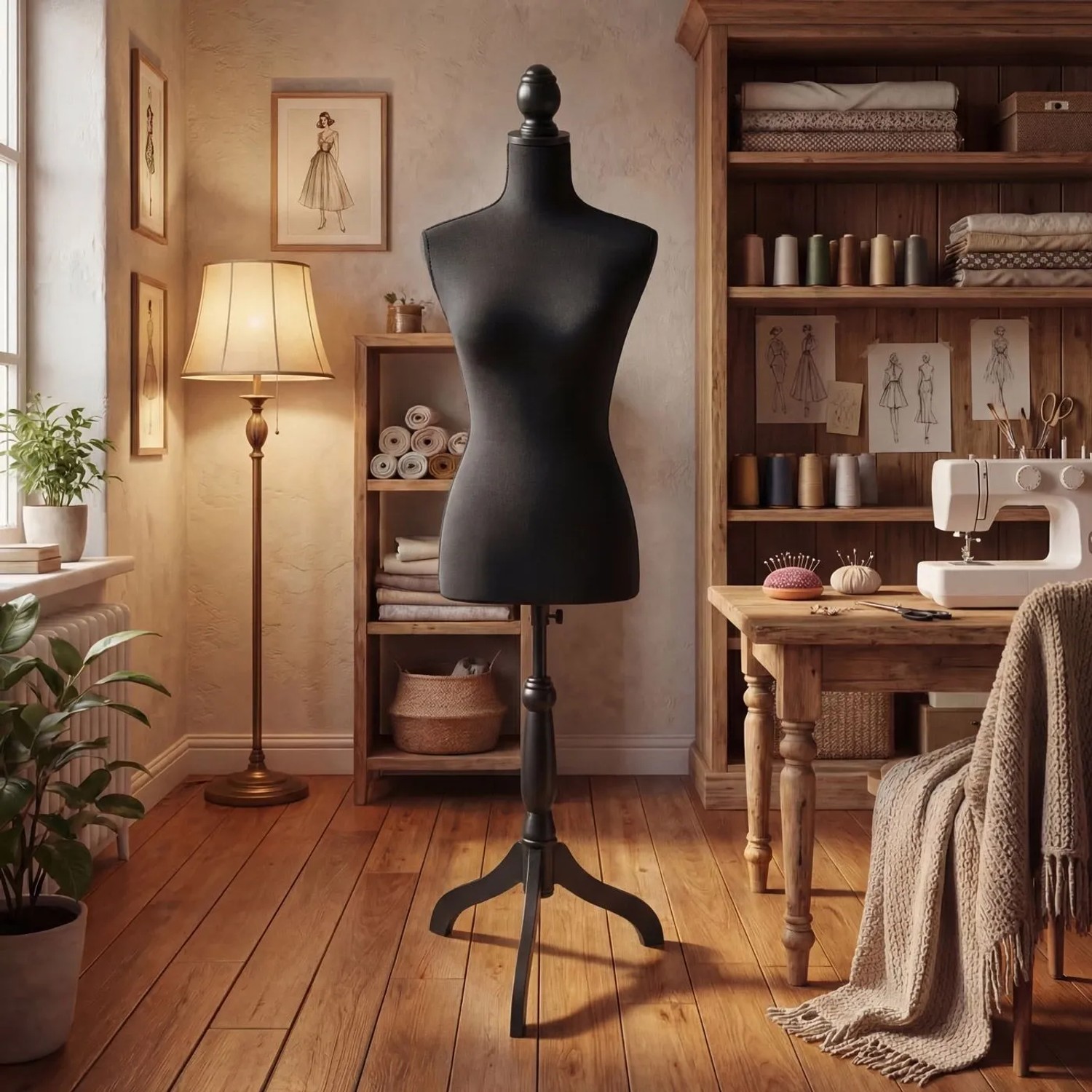 Schwarze weibliche Schneiderpuppe mit Holzknauf und höhenverstellbarem Dreibein-Standfuß in Nähzimmer-Umgebung.