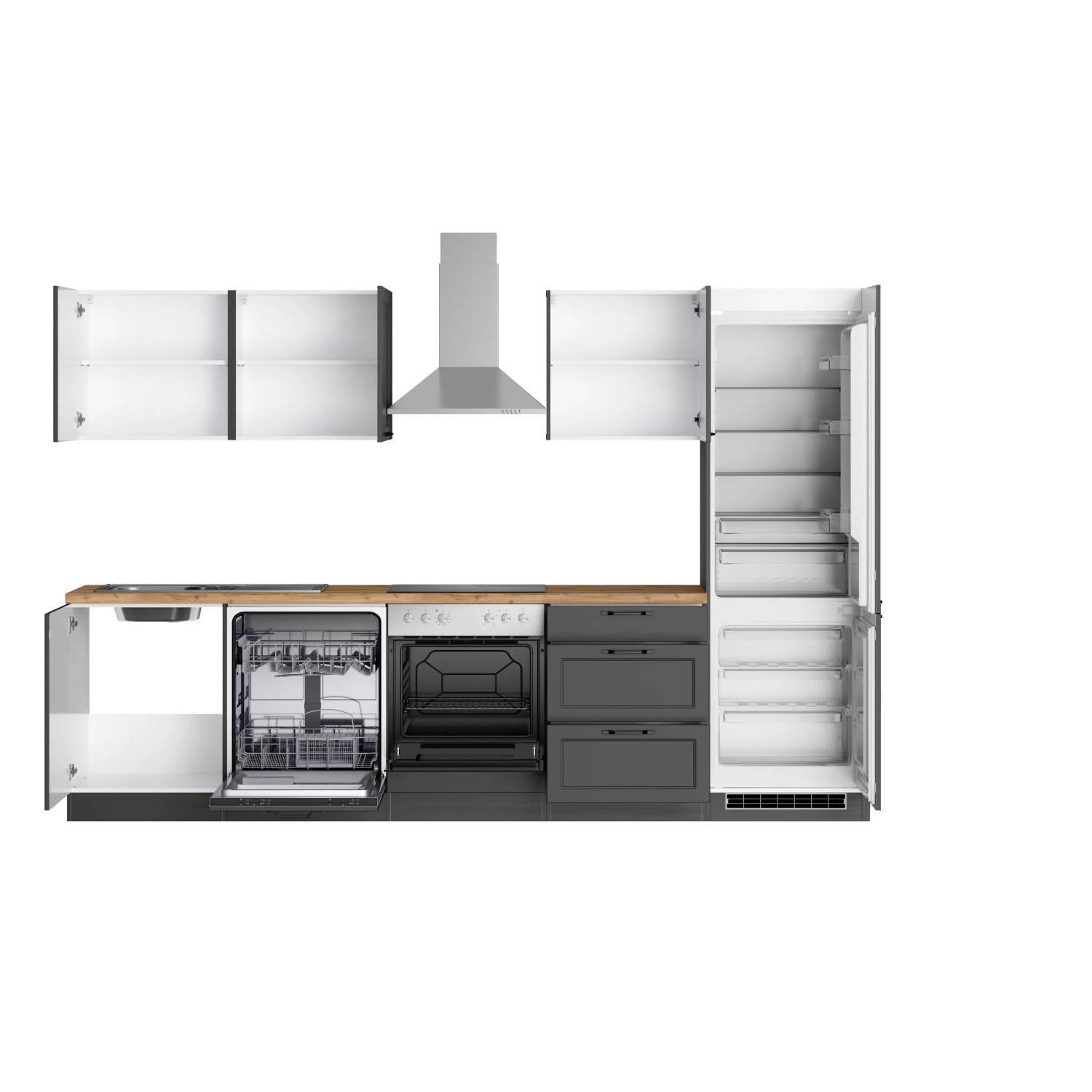 Moderne Held Küchenzeile Kempten 300 cm in Graphit/Grau mit E-Geräten.