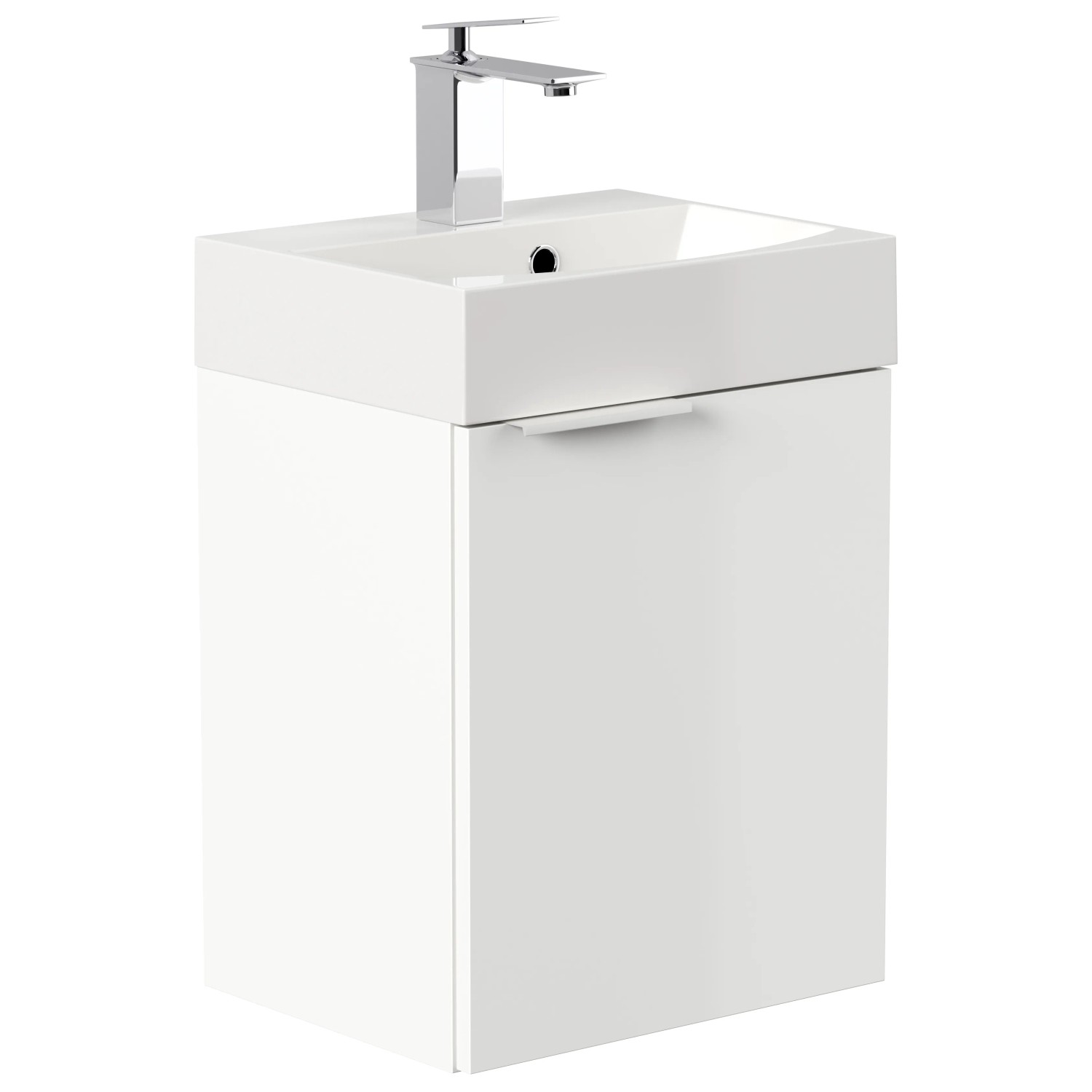 Posseik Badmöbel Cubi Slimline, 40 cm, Weiß Hochglanz mit Waschbecken und Armatur.