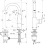 Technische Zeichnung: Ideal Standard Ceraplan Waschtischarmatur Chrom H200 mit Maßen.