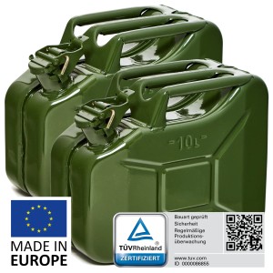 Zwei olivgrüne 10L BW Kraftstoffkanister aus Metall, TÜV-geprüft, für Benzin und Diesel.