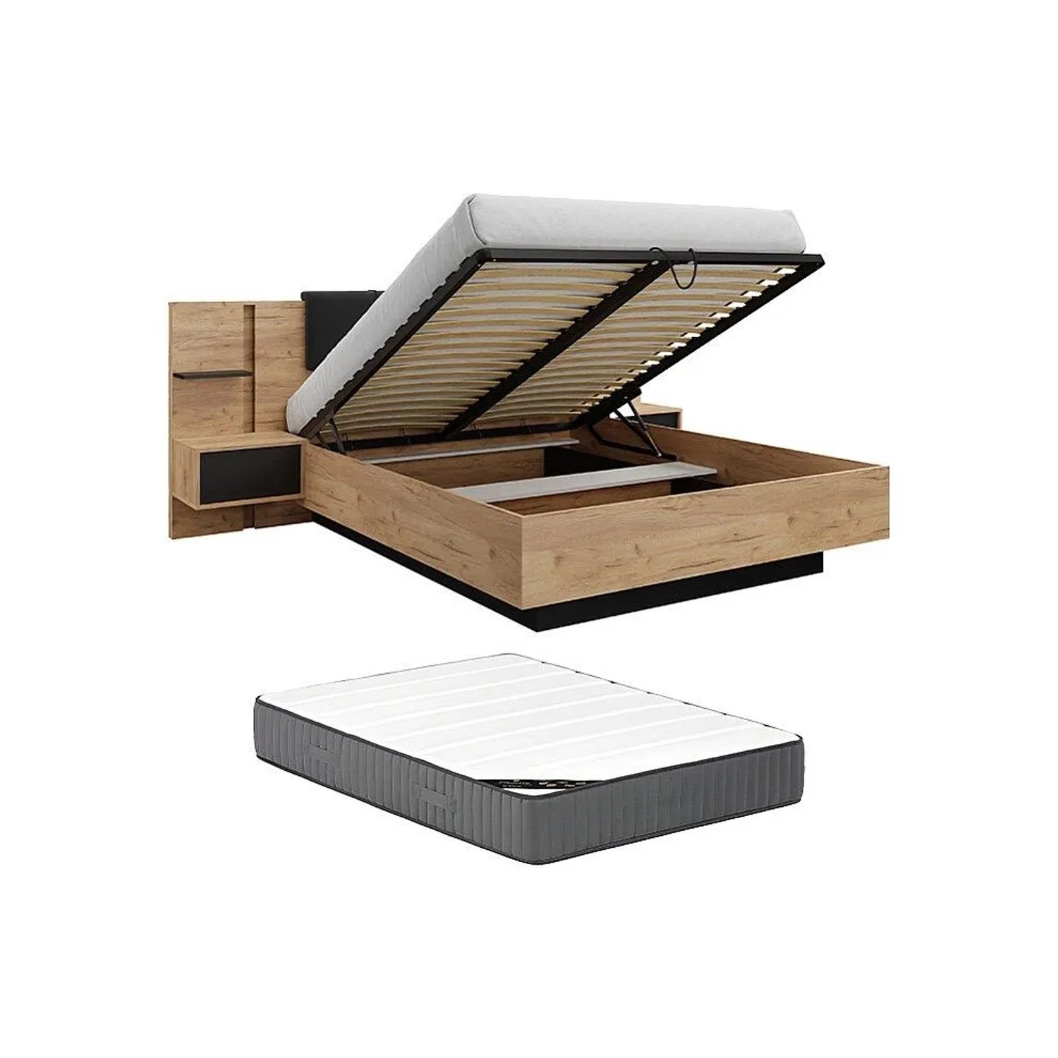 Vente-unique Bett Mit Bettkasten Elynia Anthrazitgrau  Naturfarben Hell 236.4 cm
