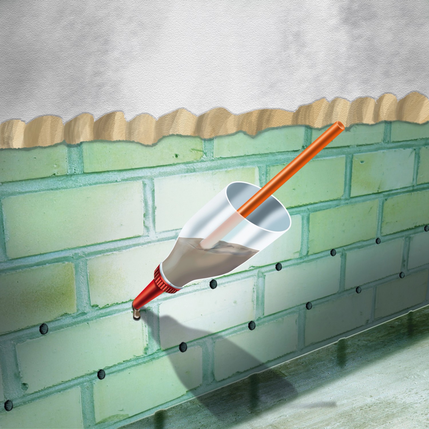 Anwendung von MEM Trockene Wand Injektionsflüssigkeit (30 l) zur Mauerwerksabdichtung.