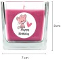 Pinke Duftkerze im Glas mit "Happy Birthday" und Katzenmotiv. Perfekt als Geburtstagsgeschenk.