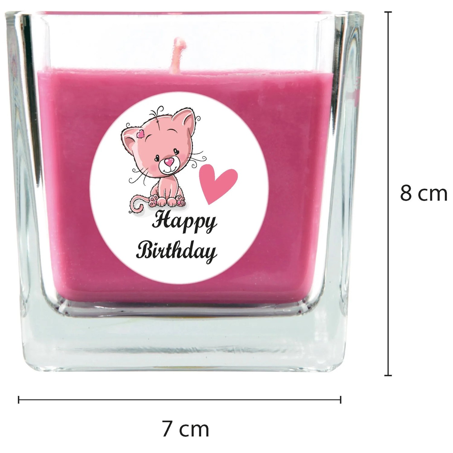 Pinke Duftkerze im Glas mit "Happy Birthday" und Katzenmotiv. Perfekt als Geburtstagsgeschenk.