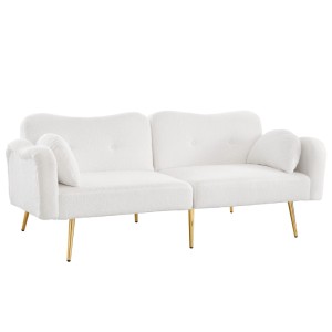 Weißes Merax Schlafsofa, 2-Sitzer, mit wolkenförmigem Design, Wellenarmlehnen, Lammwollbezug und goldenen Beinen.