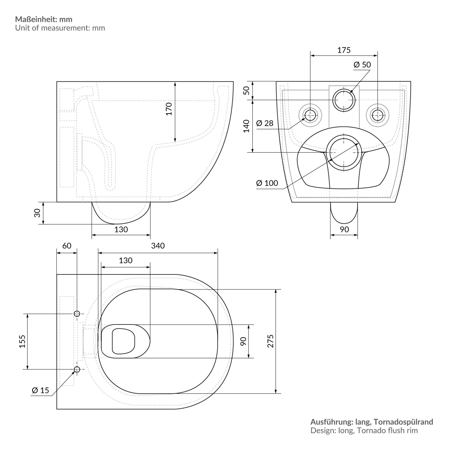 Technische Zeichnung: LuxeBath Hänge WC, spülrandlos, schwarz matt, Maße und Details.