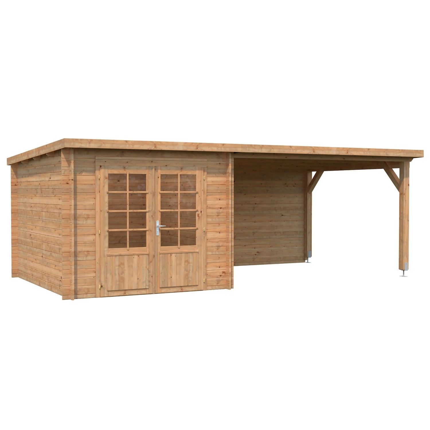 Palmako Ella Holz-Gartenhaus, hellbraun, mit Flachdach und Anbau. Gartenhaus aus Holz.